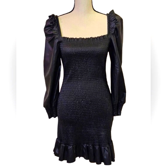 7 For All Mankind Black  Smocked,Long Sleeve,Faux Leather Dress,Medium,NWT - Picture 13 of 16